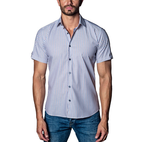 Striped Short Sleeve Shirt // White + Blue + Brown (S)