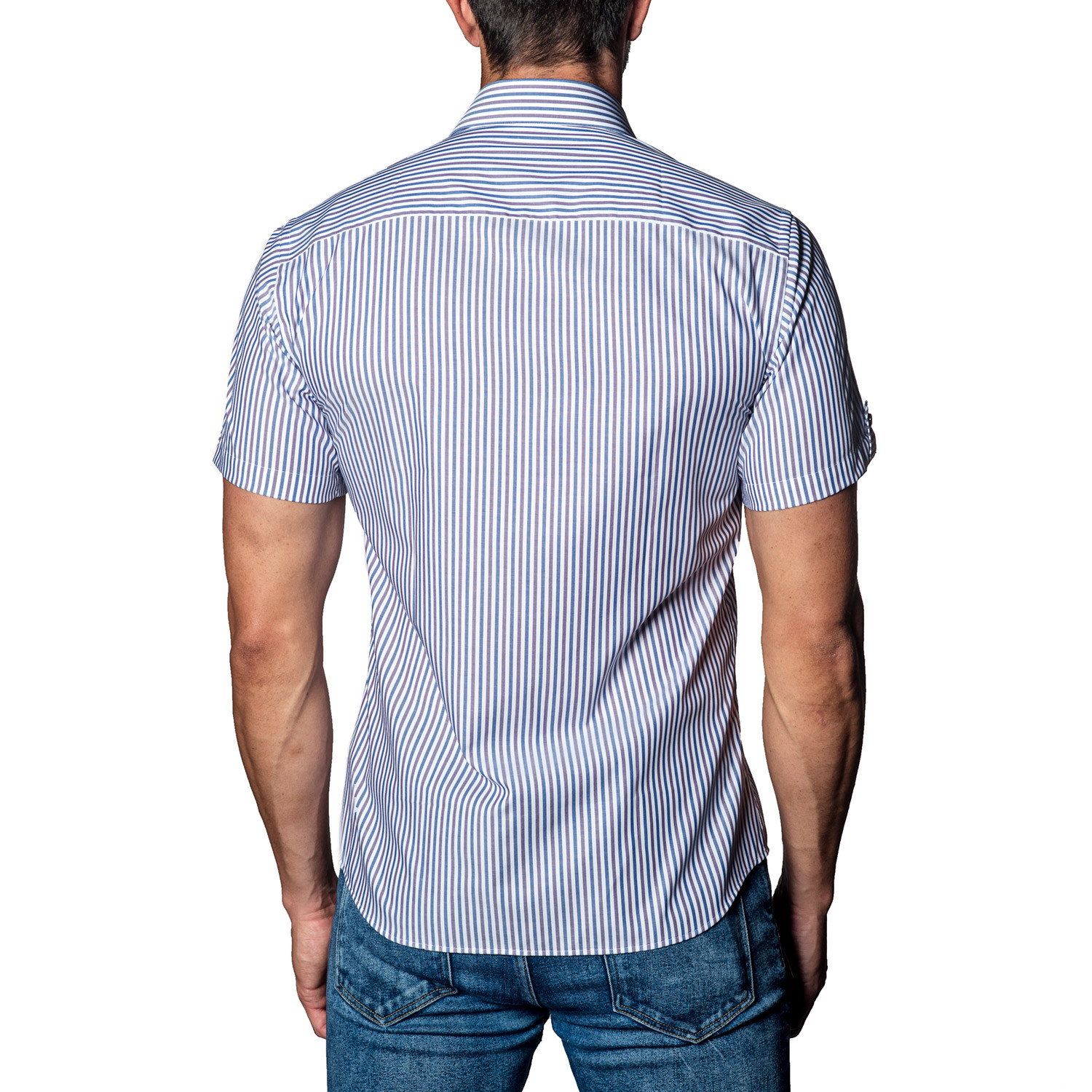 Striped Short Sleeve Shirt White Blue Brown M