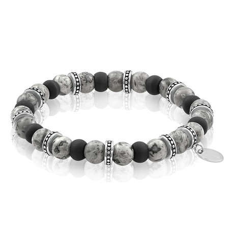 Carbon Fiber + Jasper Beaded Bracelet // Silver + Black + Grey
