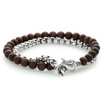 Steel Round Box Link + Wood Beaded Wrap Bracelet // Silver + Brown