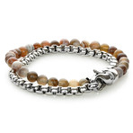 Steel Round Box Link + Persian Beaded Wrap Bracelet // Silver + Beige