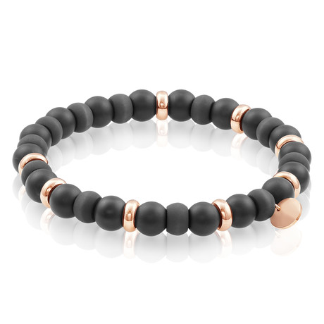 Onyx + Carbon Fiber + Rose Gold Plated Beaded Bracelet // Black + Rose