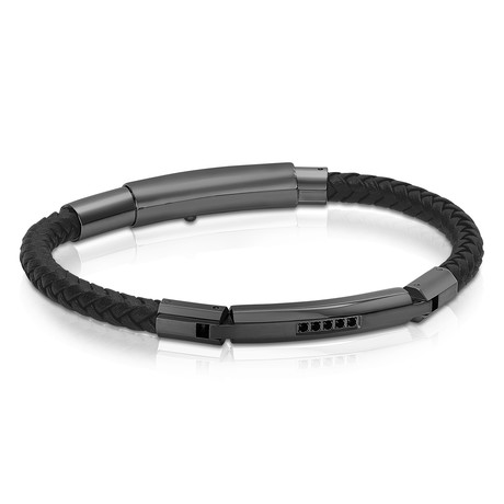 Steel + Cubic Zirconia Adjustable Leather Bracelet // Black + Gunmetal