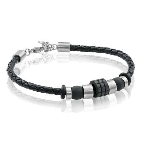 Steel + Carbon Fiber Beaded Leather Bracelet // Black + Silver + Grey