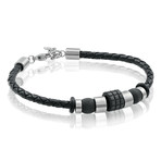 Steel + Carbon Fiber Beaded Leather Bracelet // Black + Silver + Grey