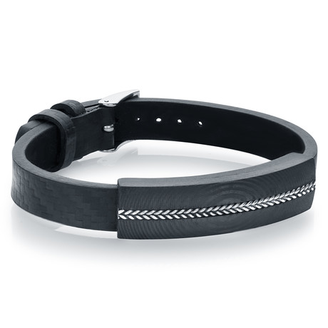 Steel Wire + Carbon Fiber Center Place Adjustable Leather Bracelet // Black + Silver