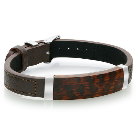 Steel + Wood Center Plate Adjustable Leather Bracelet // Silver + Brown
