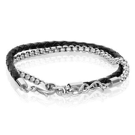 Steel Round Box Link Leather Wrap Bracelet // Black + Silver