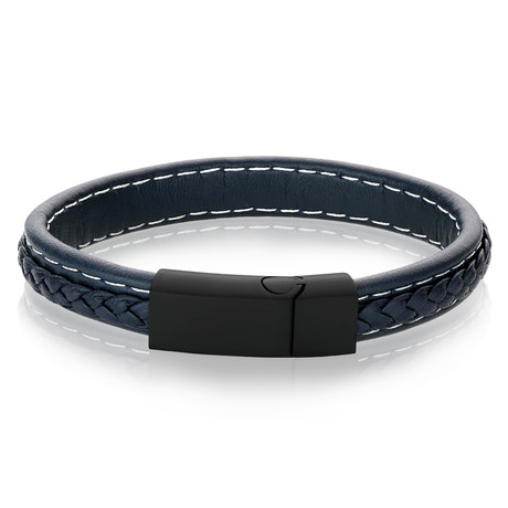 Matte Steel Sideways Clasp Stitched Leather Bracelet // Blue + Black