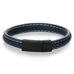 Matte Steel Sideways Clasp Stitched Leather Bracelet // Blue + Black