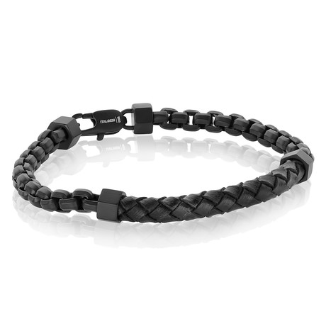 Matte Steel Woven Leather Center Plate Bracelet // Black