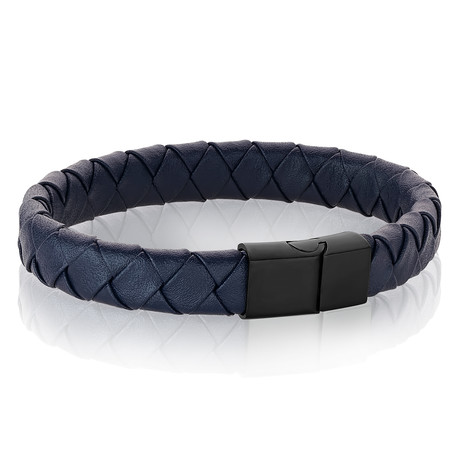 Matte Steel Sideways Clasp Leather Bracelet // Blue + Black