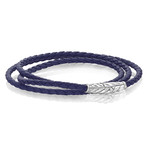 Steel Clasp Triple Wrap Leather Bracelet // Silver + Blue
