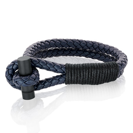Matte Steel Twist Clasp Woven Leather Bracelet // Black + Blue