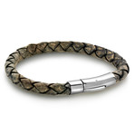 Steel Clasp Distressed Leather Bracelet // Silver + Blue + Brown