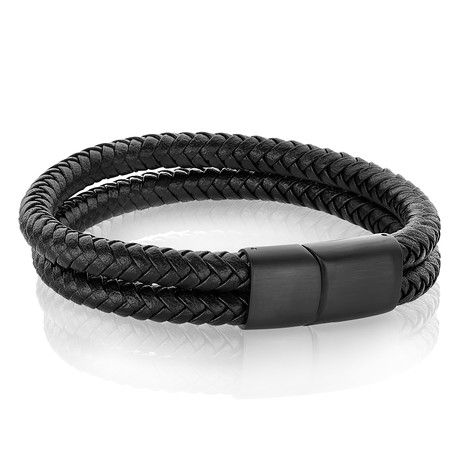 Matte Steel Clasp Double Strand Braided Leather Bracelet // Black