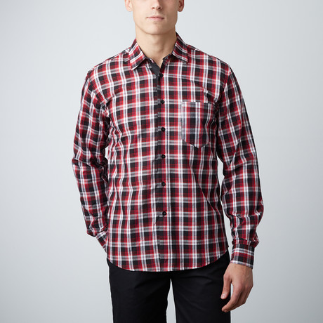 Something Interrupted Long Sleeve Button-Up // Charcoal + Red (S)