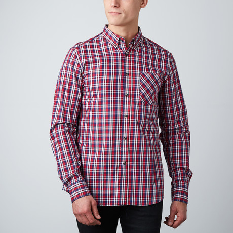 C.O.A. Woven Button-Up Shirt // Red + Blue + White (S)