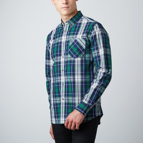 C.O.A. Woven Button-Up Shirt // Green + Navy (S)