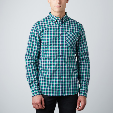 C.O.A. Woven Button-Up Shirt // Navy + Green + Brown (S)