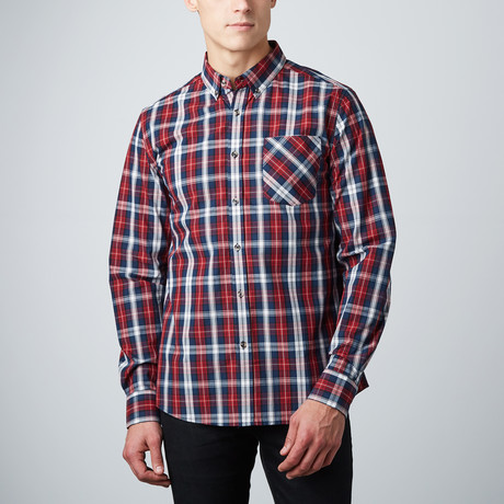 C.O.A. Woven Button-Up Shirt // Red + Navy (S)