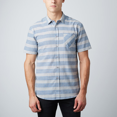Nested Stripes Short-Sleeve Button-Up Shirt // White + Light Blue (S)