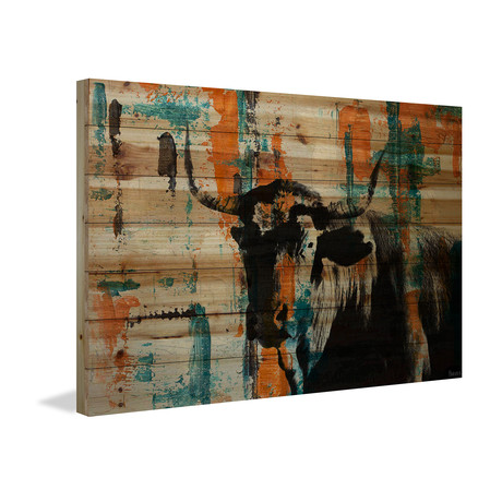 Color Shocked Steer Painting Print // Natural Pine Wood (18"W x 12"H x 1.5"D)