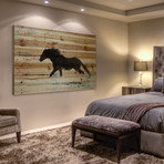 Trotting Black Horse Painting Print // Natural Pine Wood (18"W x 12"H x 1.5"D)