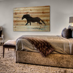 Trotting Black Horse Painting Print // Natural Pine Wood (18"W x 12"H x 1.5"D)