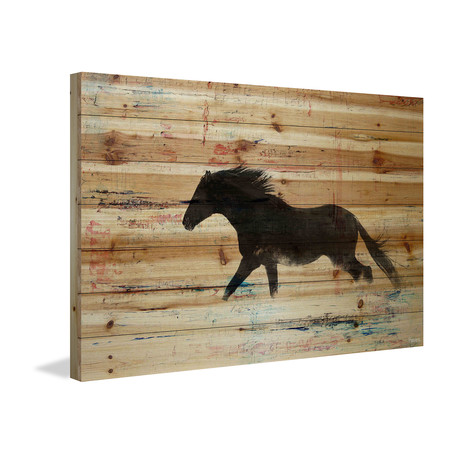 Trotting Black Horse Painting Print // Natural Pine Wood (18"W x 12"H x 1.5"D)