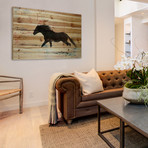 Trotting Black Horse Painting Print // Natural Pine Wood (18"W x 12"H x 1.5"D)
