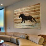 Trotting Black Horse Painting Print // Natural Pine Wood (18"W x 12"H x 1.5"D)