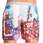 Blurred City // Turquoise + Red // 7.5" Inseam (XL)