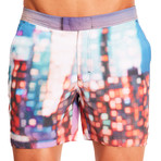 Blurred City // Turquoise + Red // 6" Inseam (L)