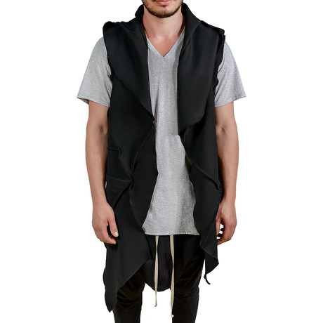 Asymmetrical Pieced Hooded Cascade Vest // Black (S)