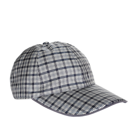 Check Print Leather Trim Baseball Hat // Blue + Gray