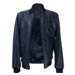 Zip-Up Leather Bomber Jacket // Navy (S)