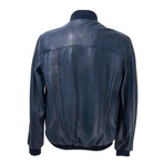 Zip-Up Leather Bomber Jacket // Navy (S)