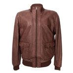 Zip-Up Leather Bomber Jacket // Brown (S)