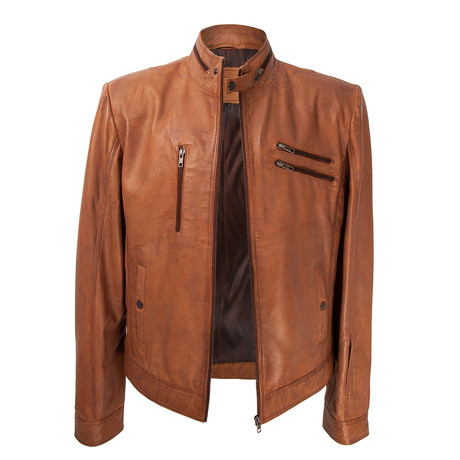 Zipper Pocket Leather Jacket // Tan (3XL)