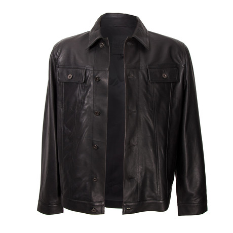 Button-Up Double Patch Pocket Leather Jacket // Black (S)