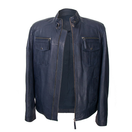 Double Patch Pocket Leather Jacket // Navy (L)
