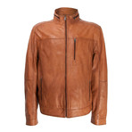 Chest Yoke Zipper Pocket Leather Jacket // Tan (S)