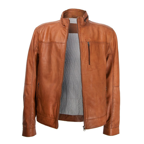 Chest Yoke Zipper Pocket Leather Jacket // Tan (S)