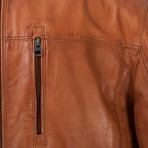 Chest Yoke Zipper Pocket Leather Jacket // Tan (2XL)