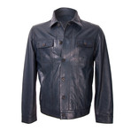 Button-Up Double Patch Pocket Leather Jacket // Navy (S)