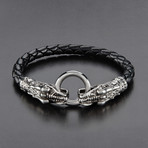 Twin Dragon Clasp Leather Bracelet // Black + Silver
