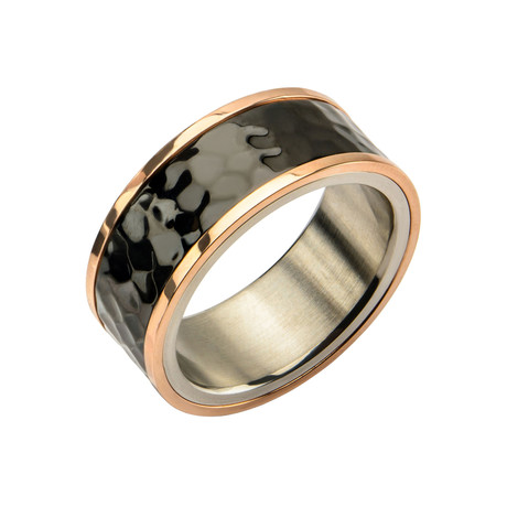 Steel Tri-Tone Hammered Ring // Rose Gold + Silver + Black (Size: 9)