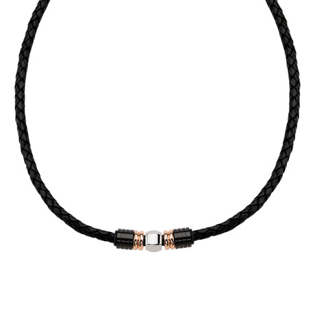 Rose Gold Beaded Leather Braid Necklace // Black
