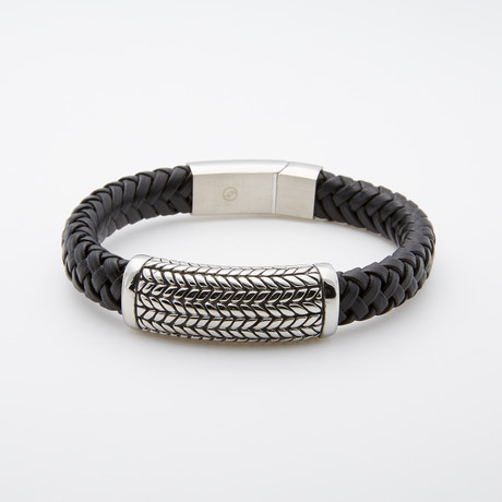Woven Leather + Stainless Steel Bracelet // Black Silver